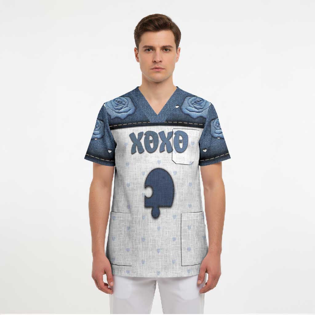 Personalized XOXO Valentine's Day Scrub Top Remaining Piece Old Denim Fabric Effect