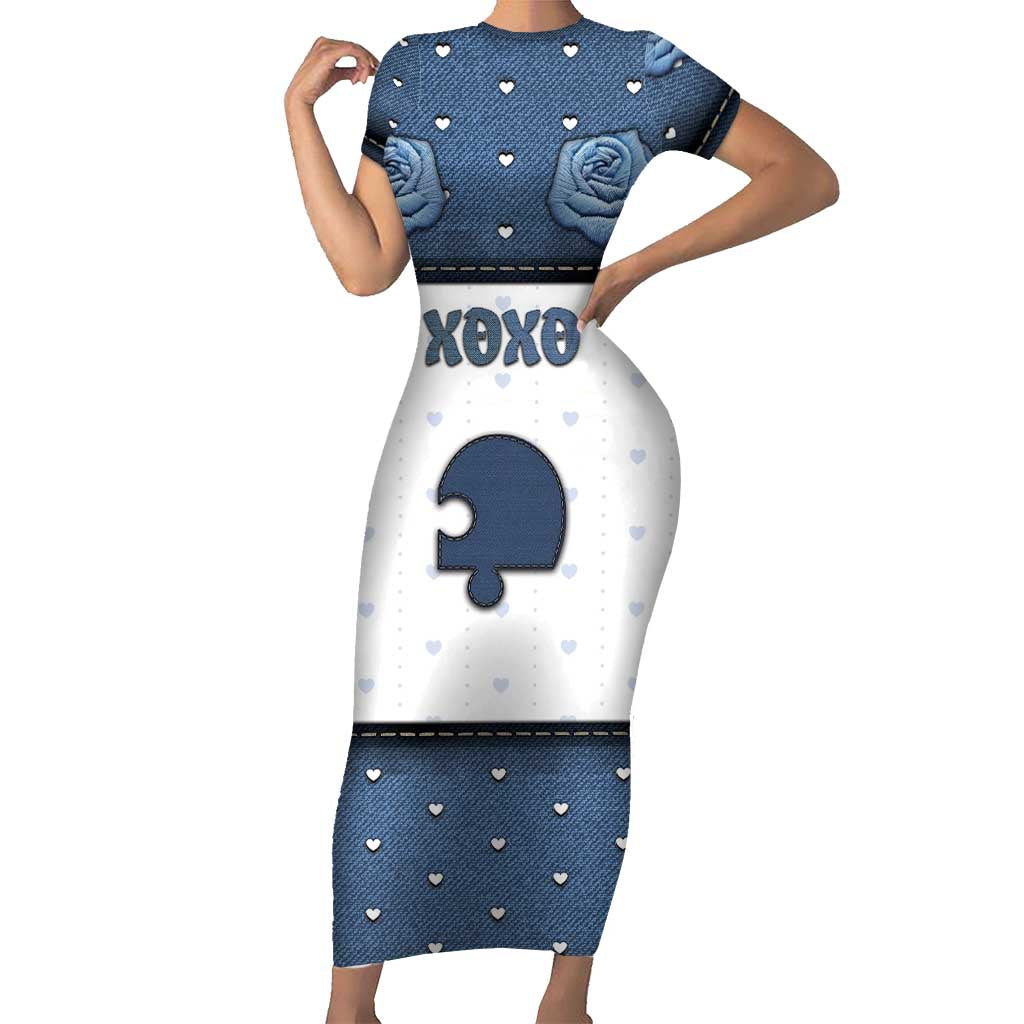 Personalized XOXO Valentine's Day Short Sleeve Bodycon Dress Remaining Piece Old Denim Fabric Effect