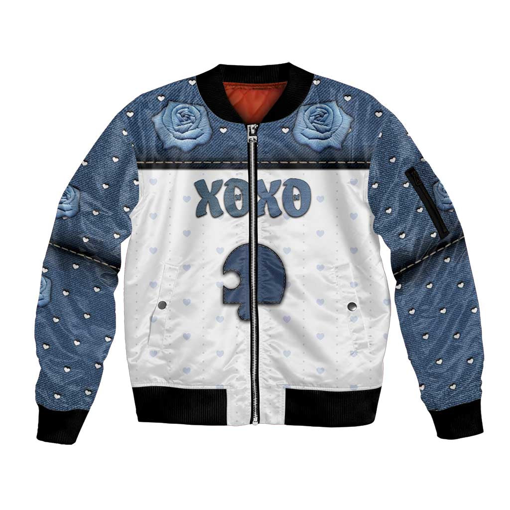 Personalized XOXO Valentine's Day Sleeve Zip Bomber Jacket Remaining Piece Old Denim Fabric Effect