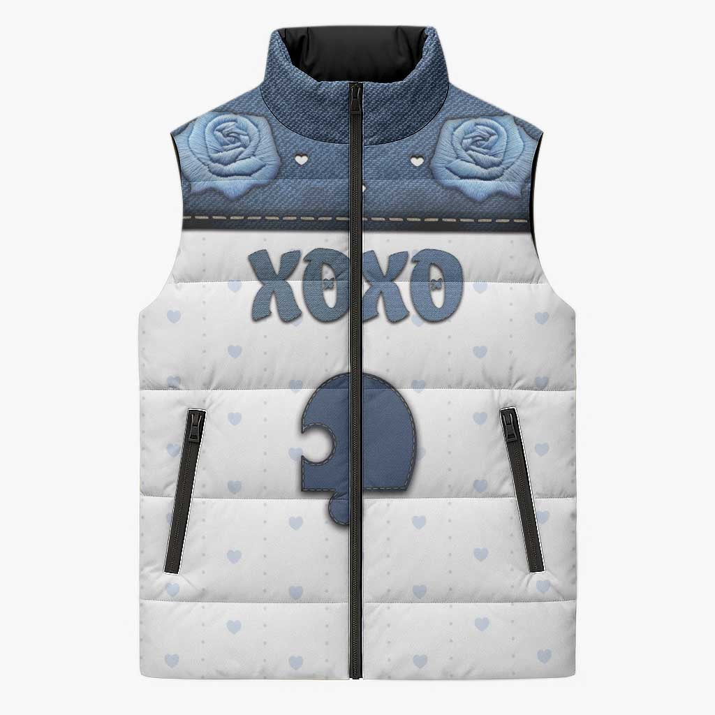 Personalized XOXO Valentine's Day Sleeveless Puffer Jacket Remaining Piece Old Denim Fabric Effect
