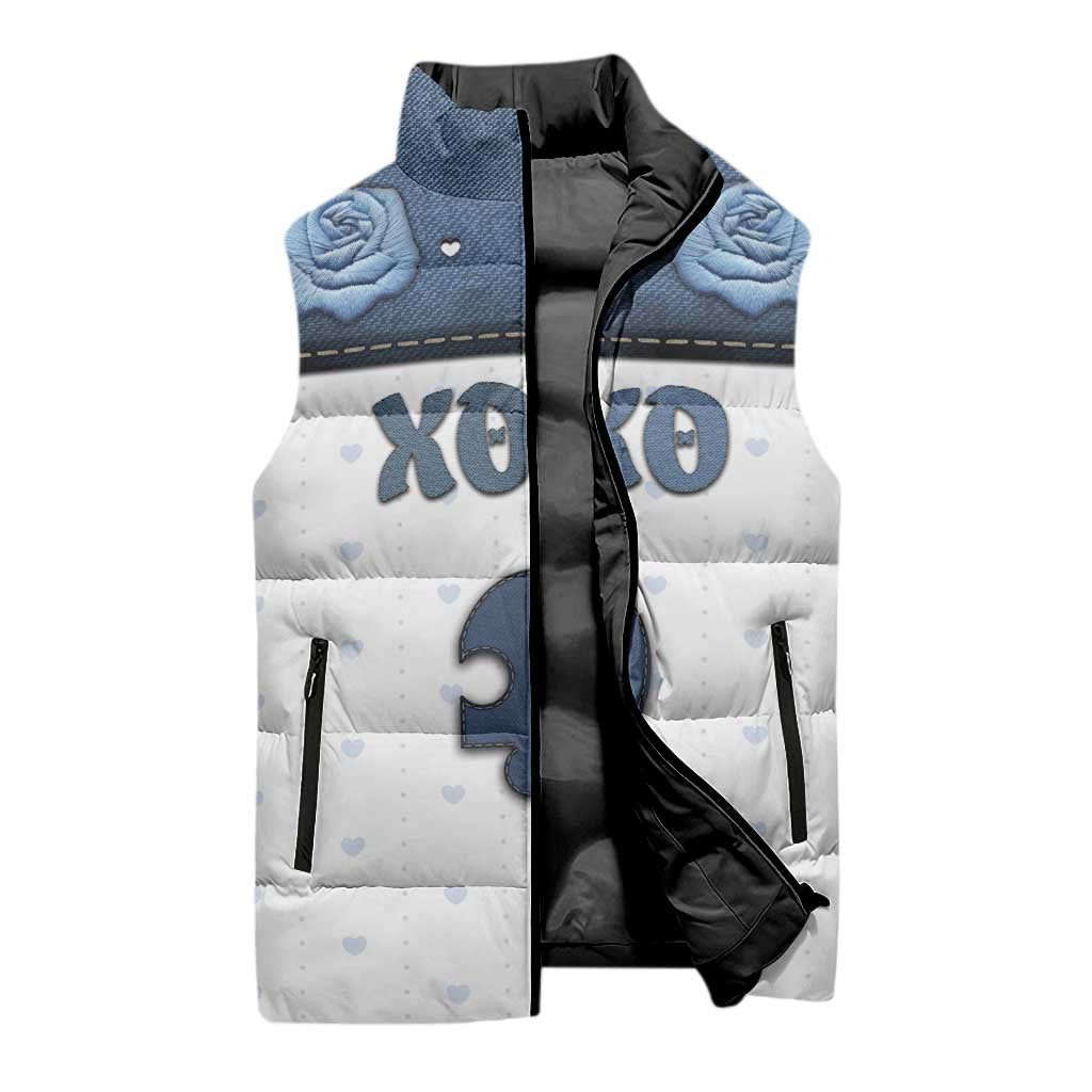 Personalized XOXO Valentine's Day Sleeveless Puffer Jacket Remaining Piece Old Denim Fabric Effect