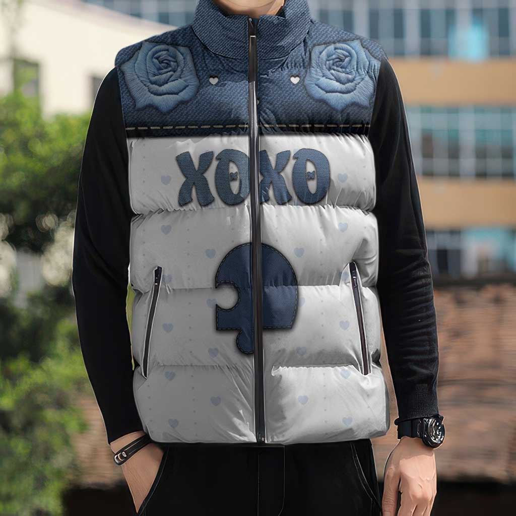 Personalized XOXO Valentine's Day Sleeveless Puffer Jacket Remaining Piece Old Denim Fabric Effect