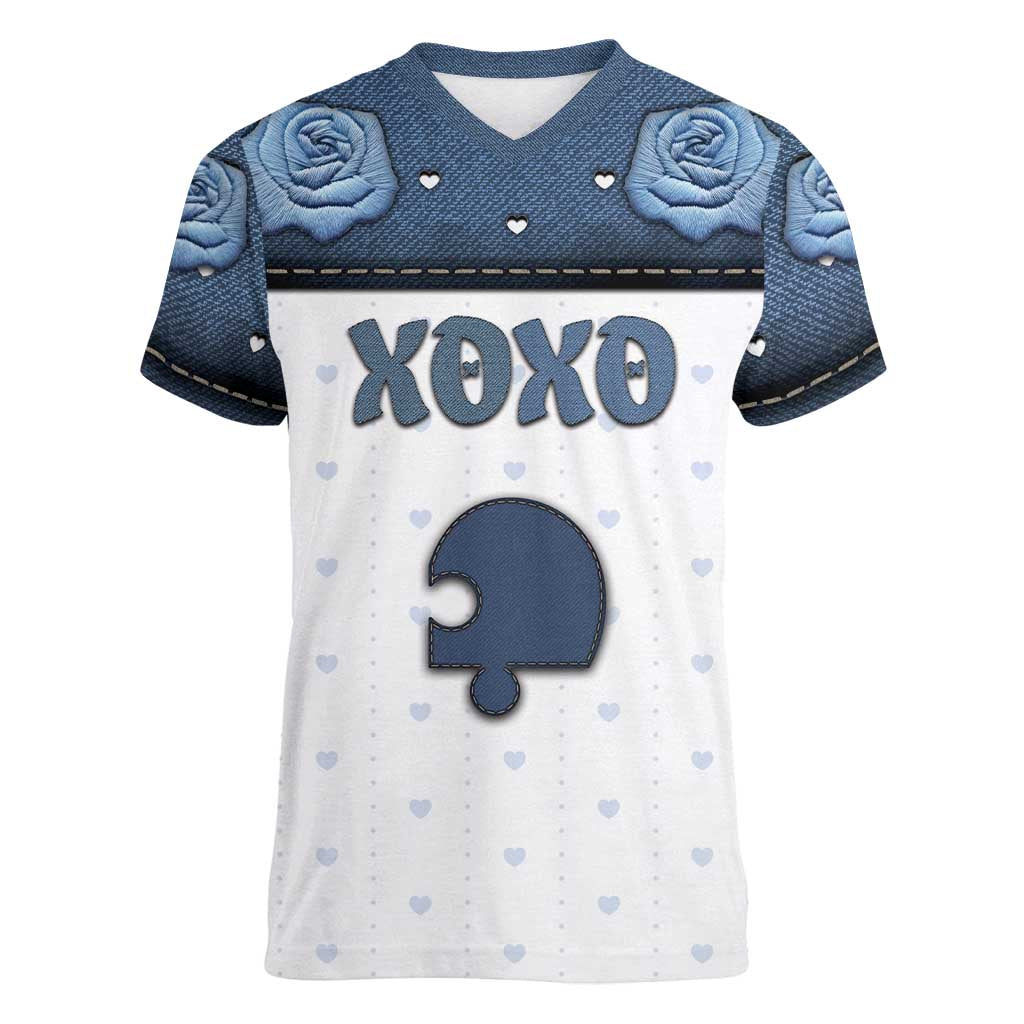 Personalized XOXO Valentine's Day Women V-Neck T-Shirt Remaining Piece Old Denim Fabric Effect