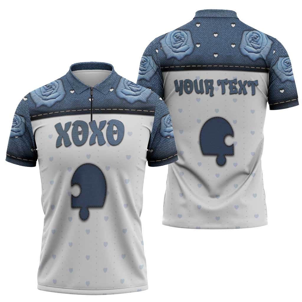 Personalized XOXO Valentine's Day Zipper Polo Shirt Remaining Piece Old Denim Fabric Effect