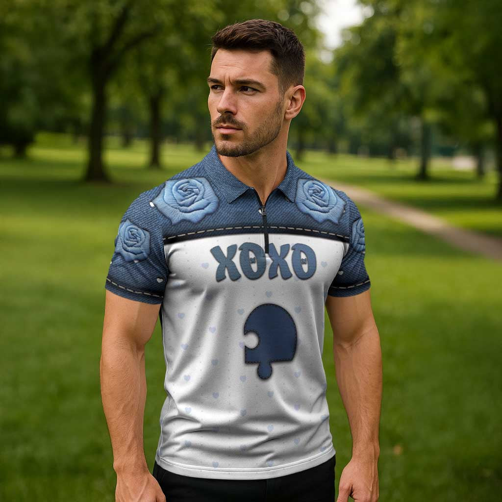 Personalized XOXO Valentine's Day Zipper Polo Shirt Remaining Piece Old Denim Fabric Effect