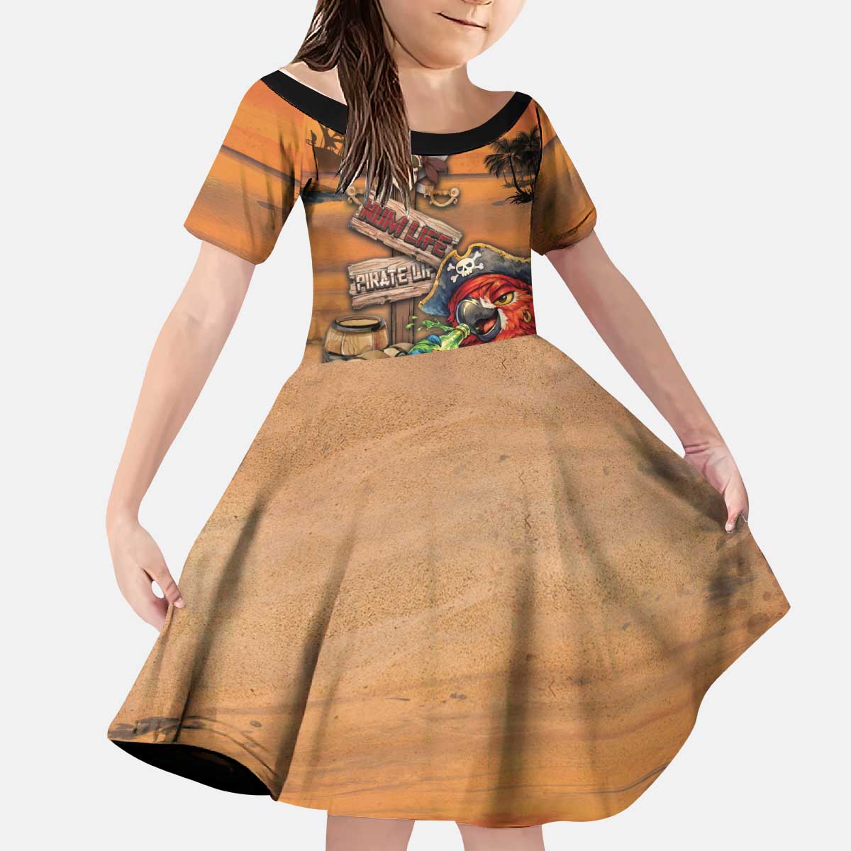 Personalized Drunken Pirate Parrot Kid Short Sleeve Dress Tropical Vibe