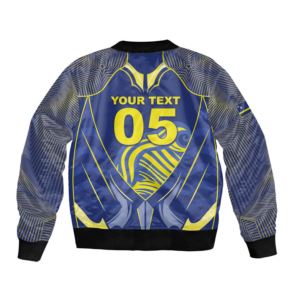 Custom Curacao Football Bomber Jacket Blue Wave Geometric Caribbean Sports Motif