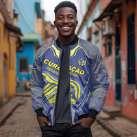 Custom Curacao Football Bomber Jacket Blue Wave Geometric Caribbean Sports Motif