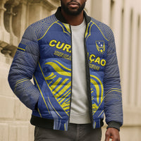 Custom Curacao Football Bomber Puffer Jacket Blue Wave Geometric Caribbean Sports Motif