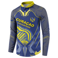 Custom Curacao Football Button Sweatshirt Blue Wave Geometric Caribbean Sports Motif