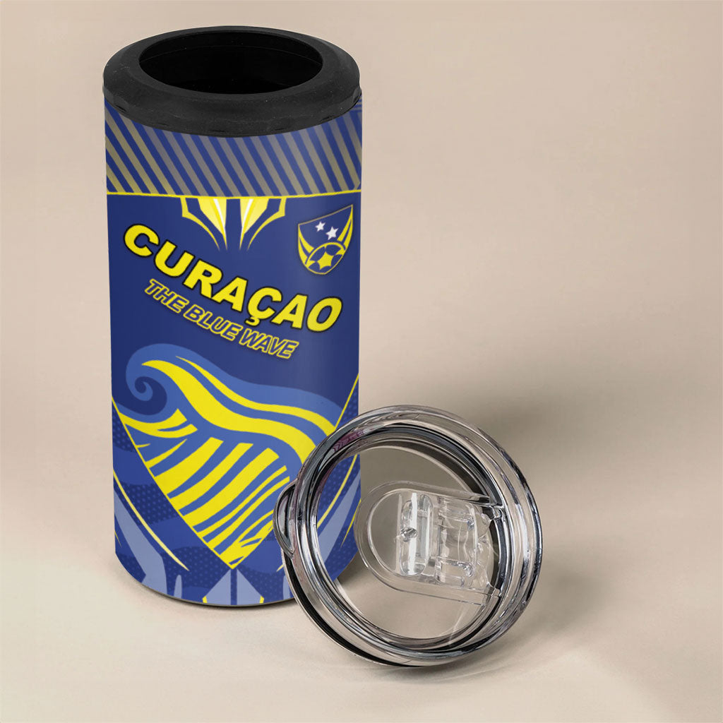Custom Curacao Football 4 in 1 Can Cooler Tumbler Blue Wave Geometric Caribbean Sports Motif