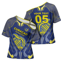 Custom Curacao Football Cross Shoulder Shirt Blue Wave Geometric Caribbean Sports Motif