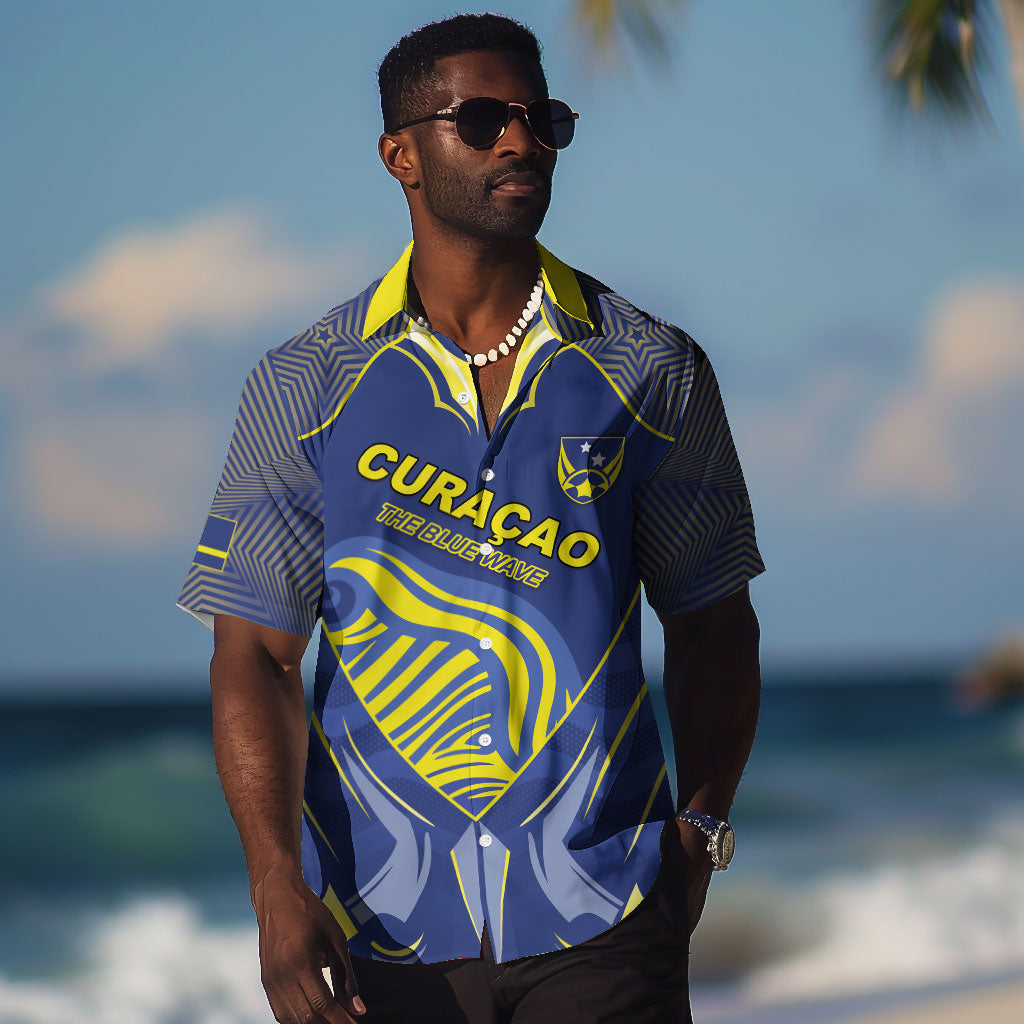 Custom Curacao Football Hawaiian Shirt Blue Wave Geometric Caribbean Sports Motif