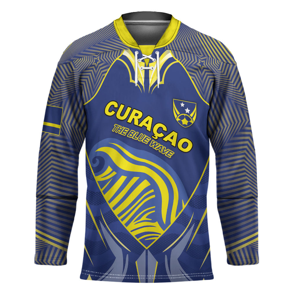 Custom Curacao Football Hockey Jersey Blue Wave Geometric Caribbean Sports Motif