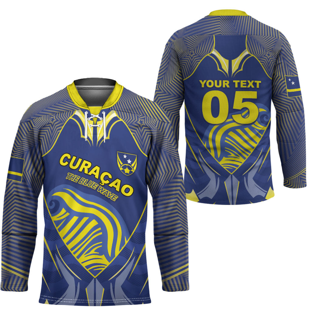 Custom Curacao Football Hockey Jersey Blue Wave Geometric Caribbean Sports Motif