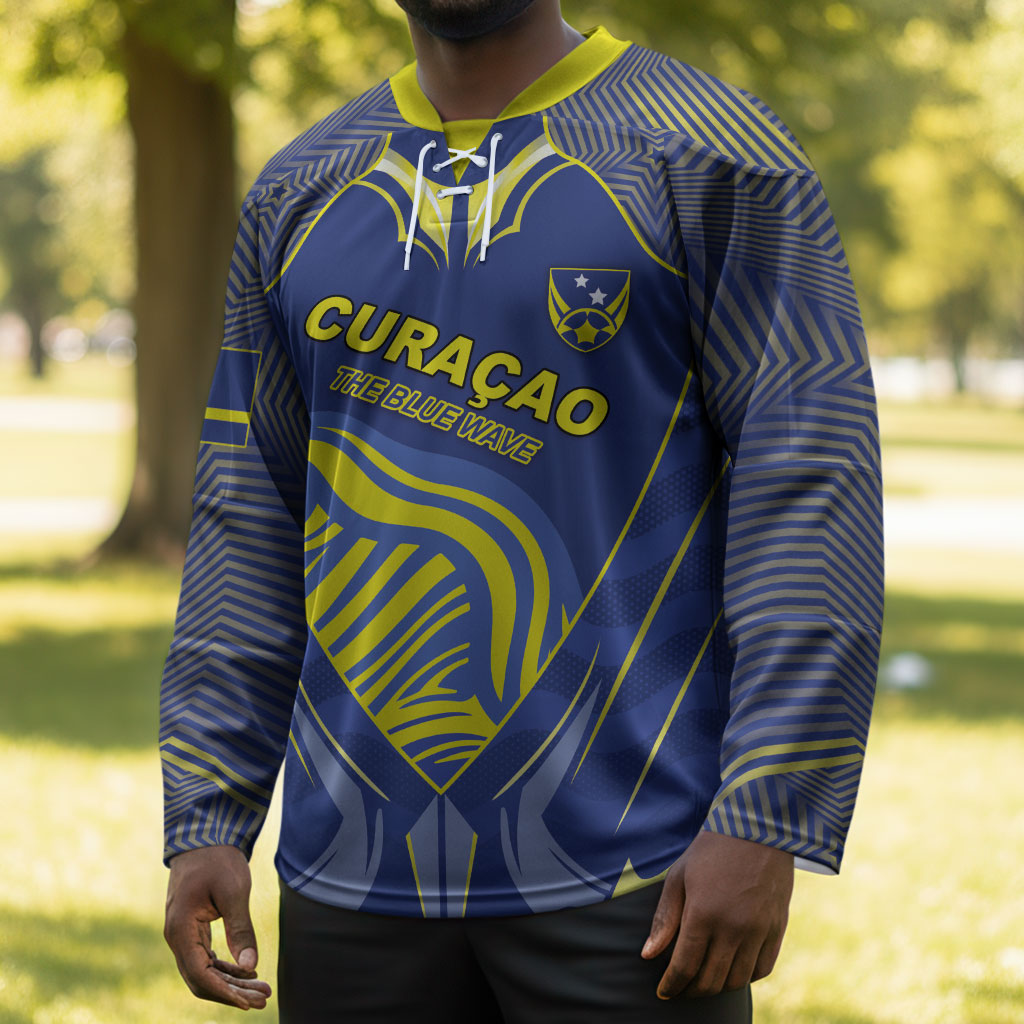 Custom Curacao Football Hockey Jersey Blue Wave Geometric Caribbean Sports Motif