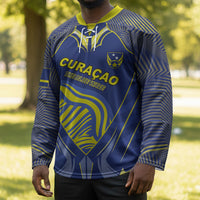 Custom Curacao Football Hockey Jersey Blue Wave Geometric Caribbean Sports Motif