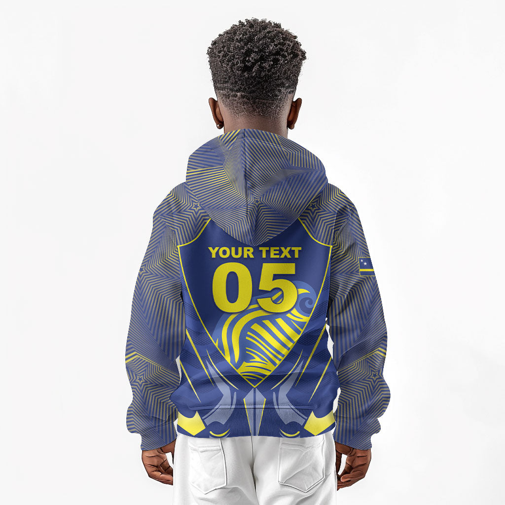 Custom Curacao Football Kid Hoodie Blue Wave Geometric Caribbean Sports Motif