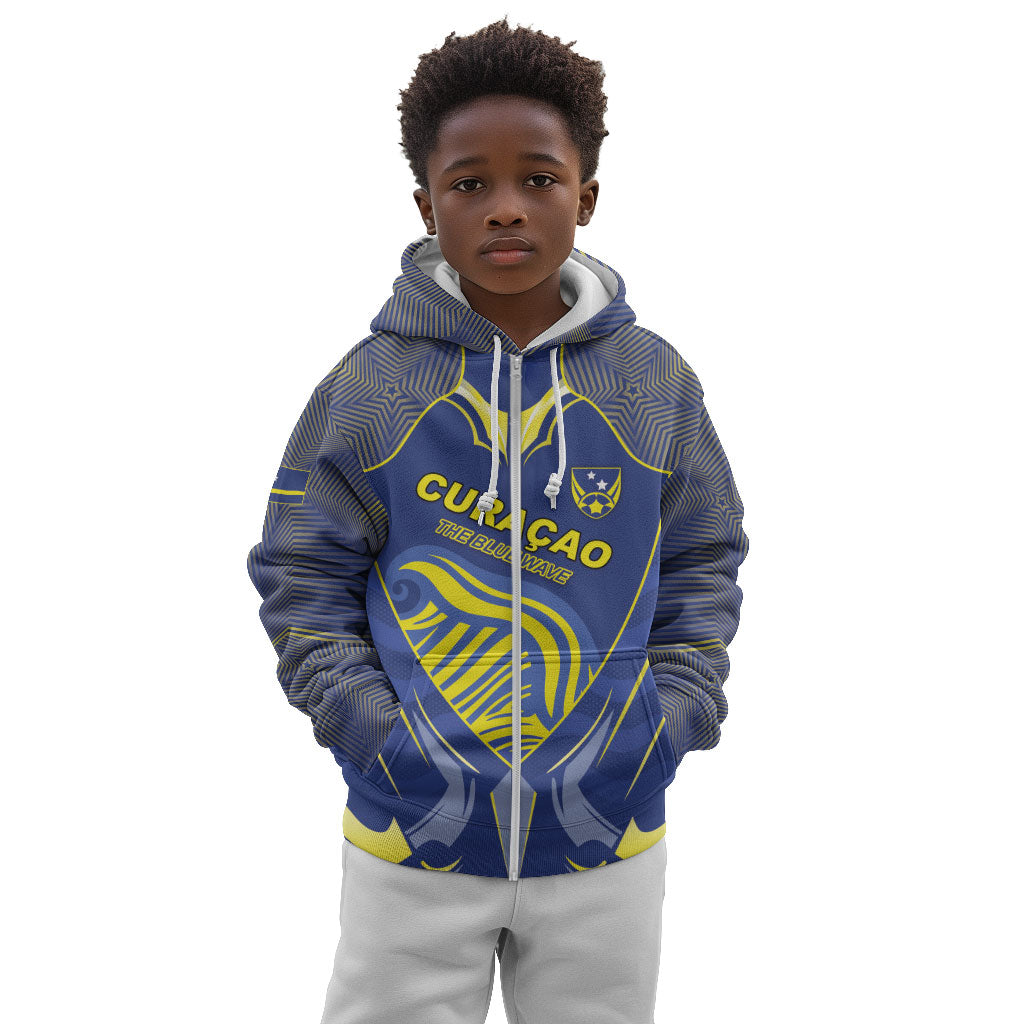Custom Curacao Football Kid Hoodie Blue Wave Geometric Caribbean Sports Motif