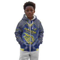 Custom Curacao Football Kid Hoodie Blue Wave Geometric Caribbean Sports Motif