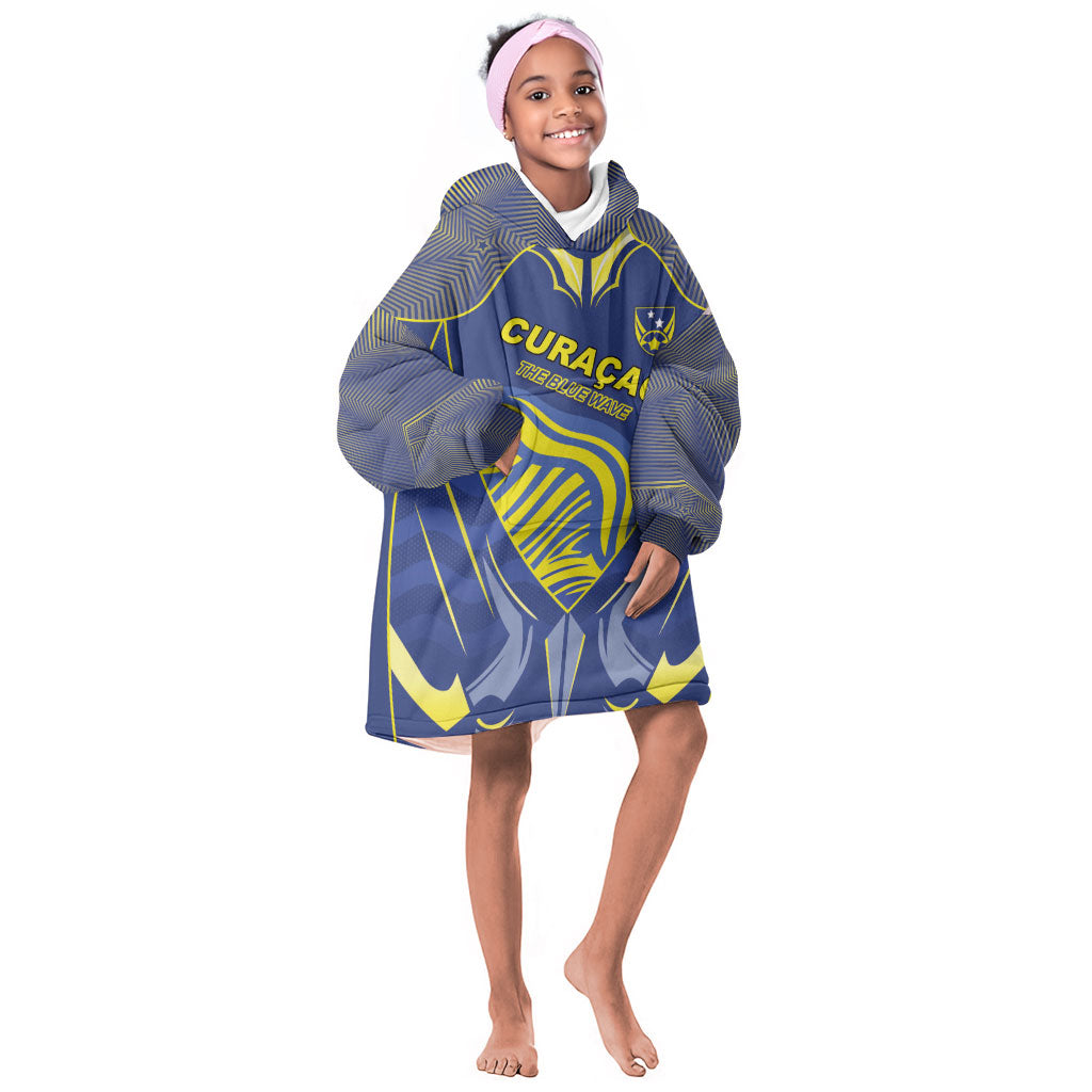 Custom Curacao Football Kid Wearable Blanket Hoodie Blue Wave Geometric Caribbean Sports Motif