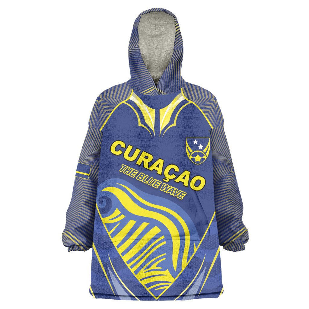 Custom Curacao Football Kid Wearable Blanket Hoodie Blue Wave Geometric Caribbean Sports Motif