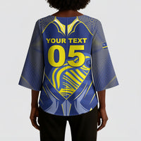 Custom Curacao Football Kimono Sleeve Blouse Blue Wave Geometric Caribbean Sports Motif