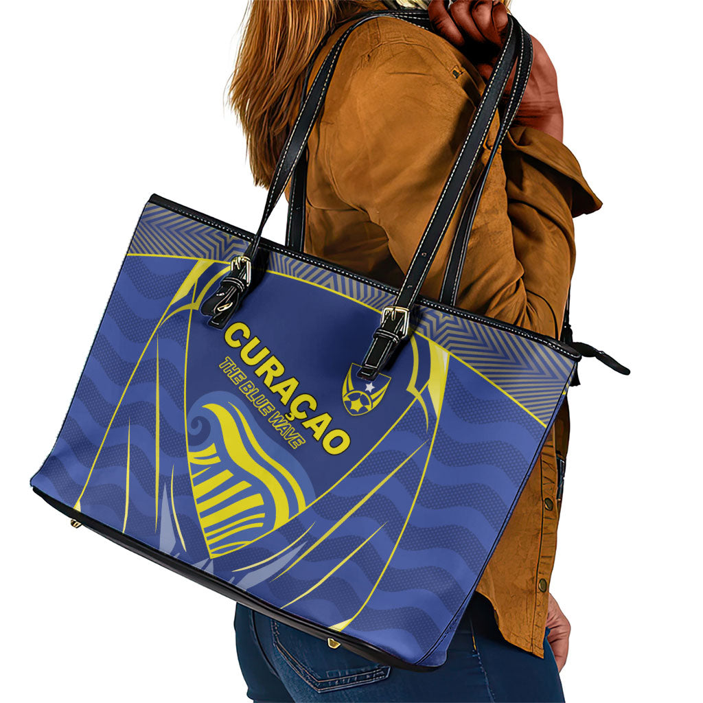 Curacao Football Leather Tote Bag Blue Wave Geometric Caribbean Sports Motif