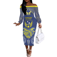 Custom Curacao Football Off The Shoulder Long Sleeve Dress Blue Wave Geometric Caribbean Sports Motif