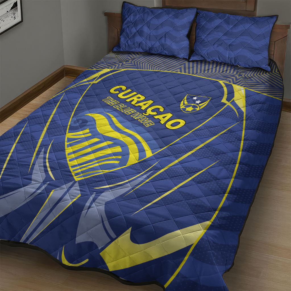 Curacao Football Quilt Bed Set Blue Wave Geometric Caribbean Sports Motif
