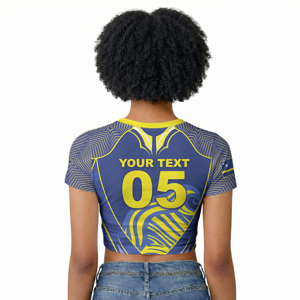 Custom Curacao Football Raglan Cropped T shirt Blue Wave Geometric Caribbean Sports Motif