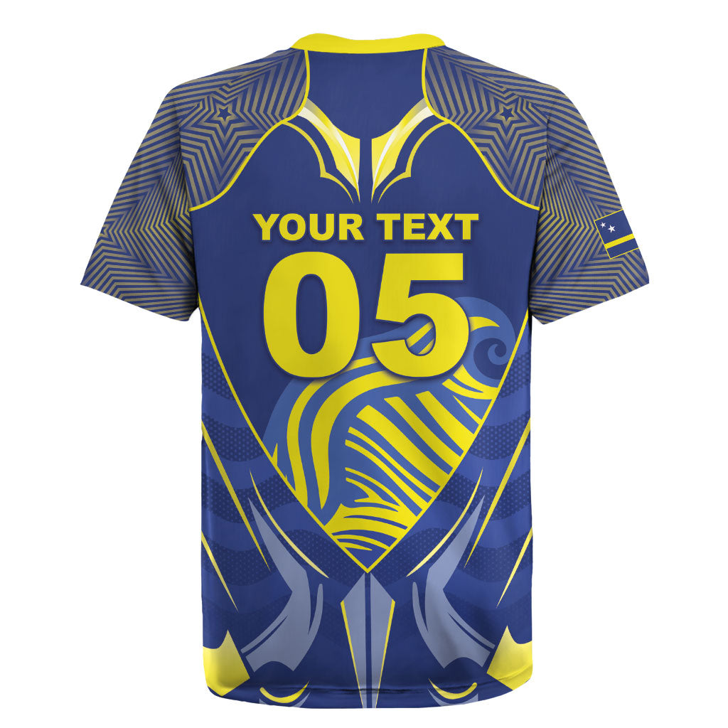 Custom Curacao Football Rugby Jersey Blue Wave Geometric Caribbean Sports Motif