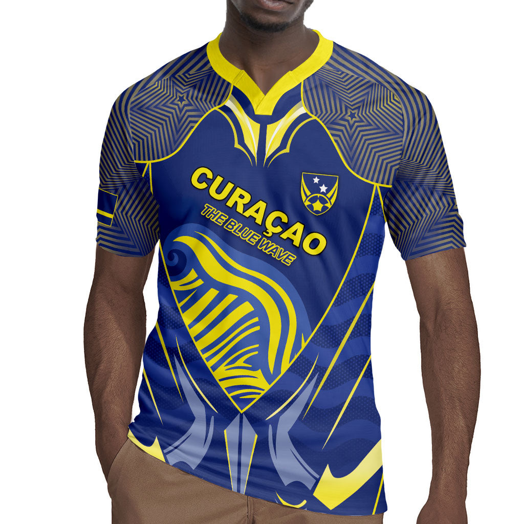 Custom Curacao Football Rugby Jersey Blue Wave Geometric Caribbean Sports Motif