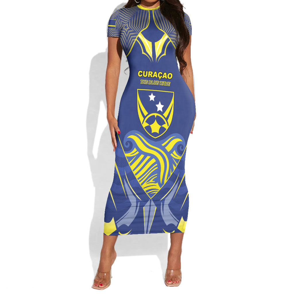 Custom Curacao Football Short Sleeve Bodycon Dress Blue Wave Geometric Caribbean Sports Motif