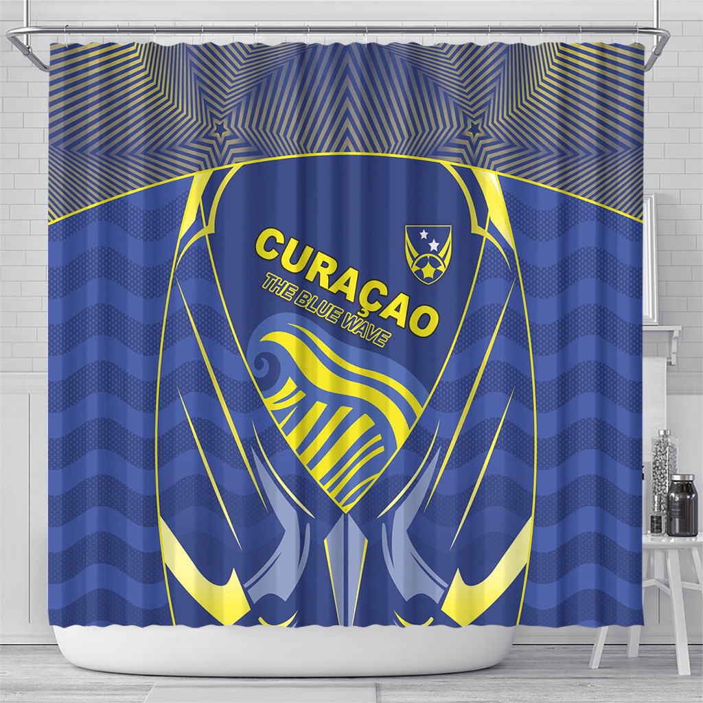 Curacao Football Shower Curtain Blue Wave Geometric Caribbean Sports Motif
