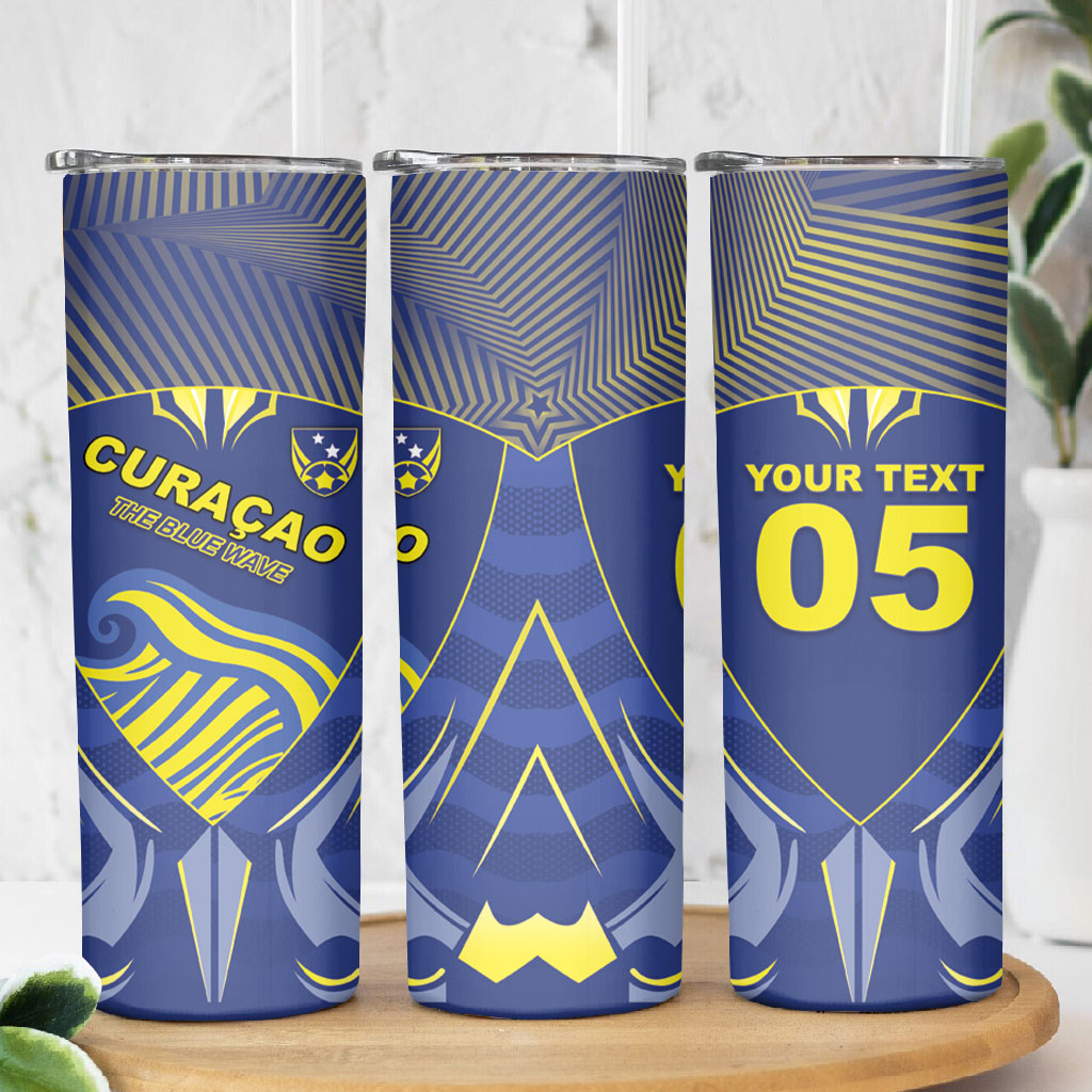 Custom Curacao Football Skinny Tumbler Blue Wave Geometric Caribbean Sports Motif