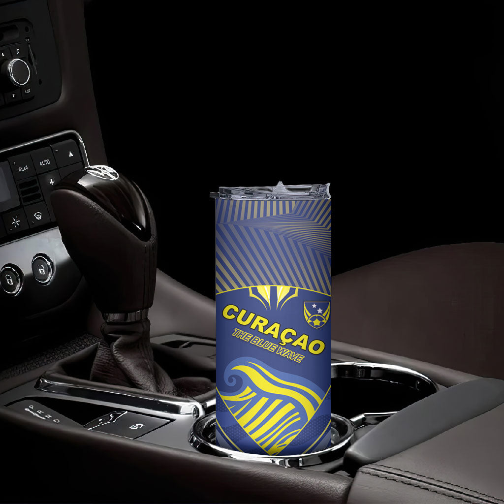 Custom Curacao Football Skinny Tumbler Blue Wave Geometric Caribbean Sports Motif