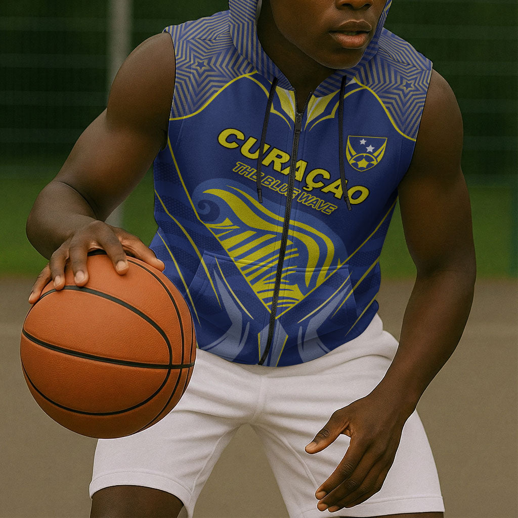 Custom Curacao Football Sleeveless Zip Hoodie Blue Wave Geometric Caribbean Sports Motif