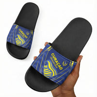Curacao Football Slide Sandals Blue Wave Geometric Caribbean Sports Motif