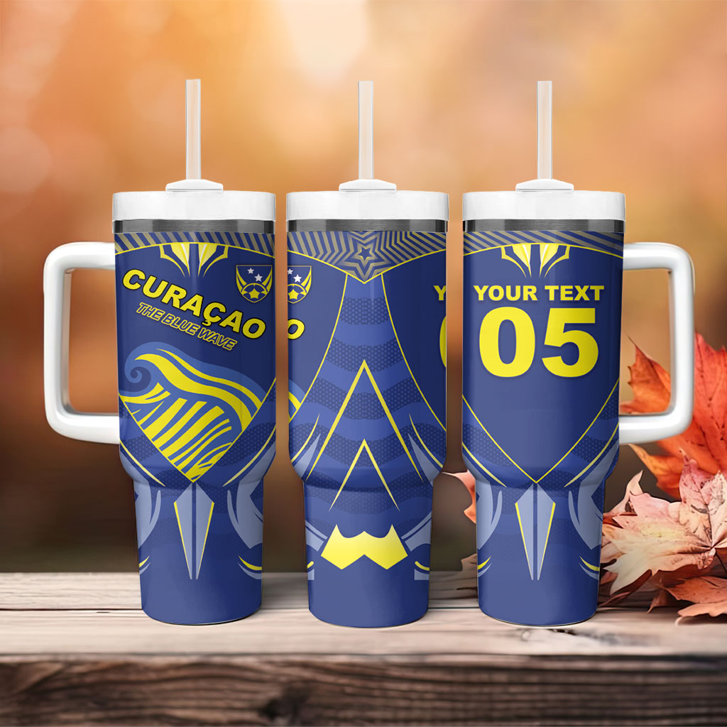 Custom Curacao Football Tumbler With Handle Blue Wave Geometric Caribbean Sports Motif
