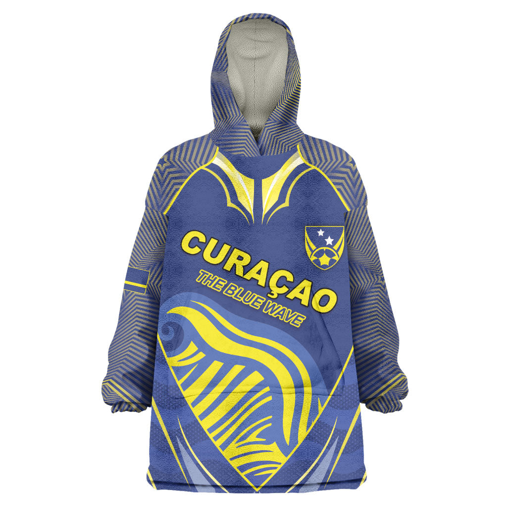 Custom Curacao Football Wearable Blanket Hoodie Blue Wave Geometric Caribbean Sports Motif