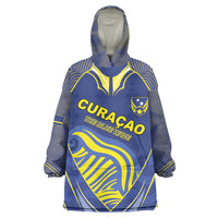 Custom Curacao Football Wearable Blanket Hoodie Blue Wave Geometric Caribbean Sports Motif