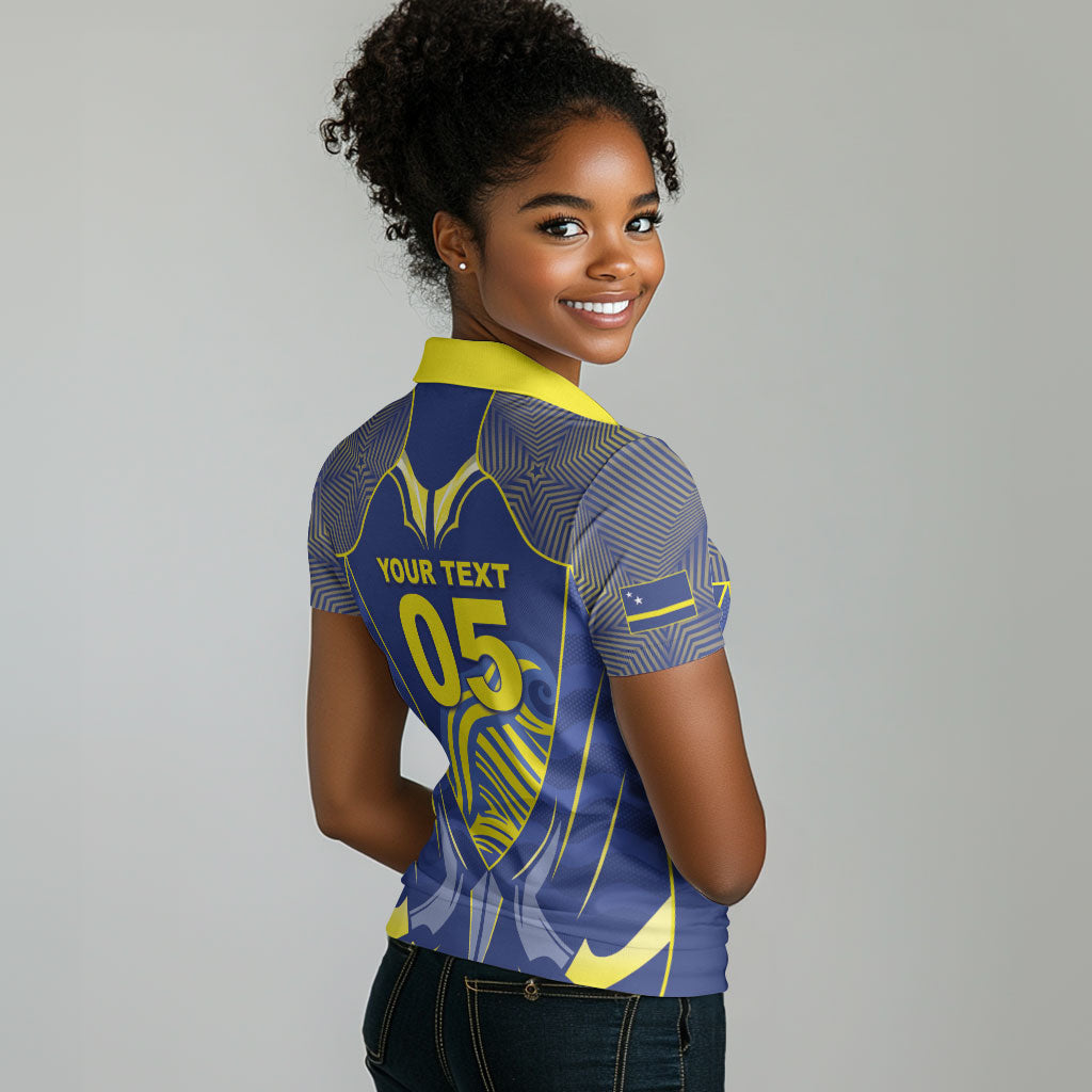 Custom Curacao Football Women Polo Shirt Blue Wave Geometric Caribbean Sports Motif