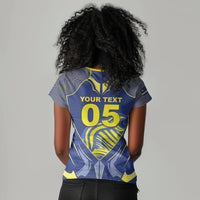 Custom Curacao Football Women V-Neck T-Shirt Blue Wave Geometric Caribbean Sports Motif