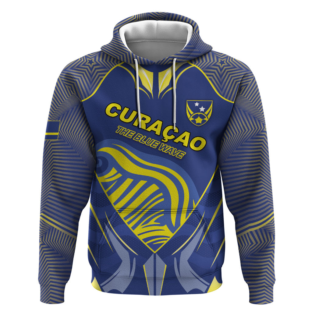 Custom Curacao Football Zip Hoodie Blue Wave Geometric Caribbean Sports Motif