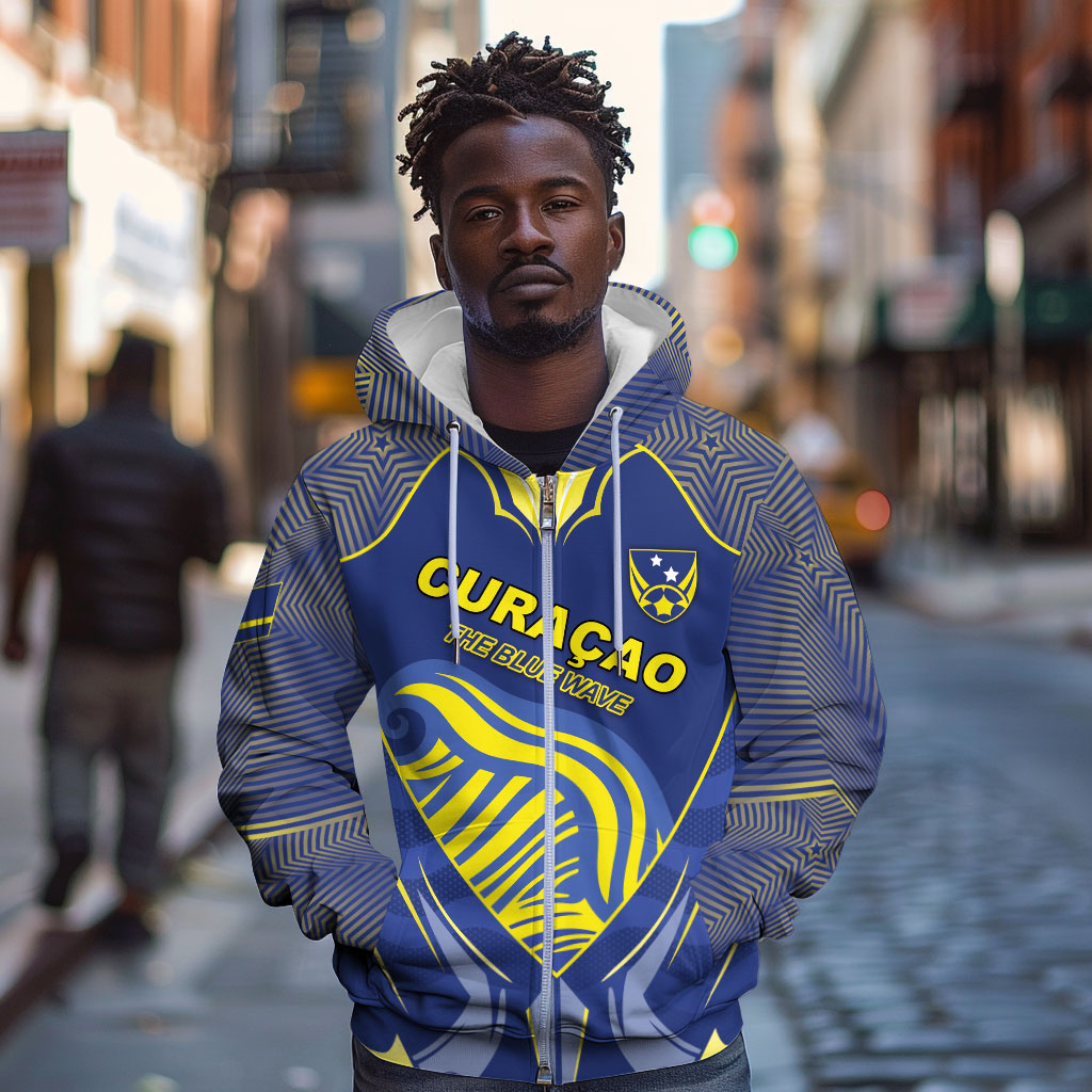 Custom Curacao Football Zip Hoodie Blue Wave Geometric Caribbean Sports Motif