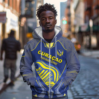 Custom Curacao Football Zip Hoodie Blue Wave Geometric Caribbean Sports Motif