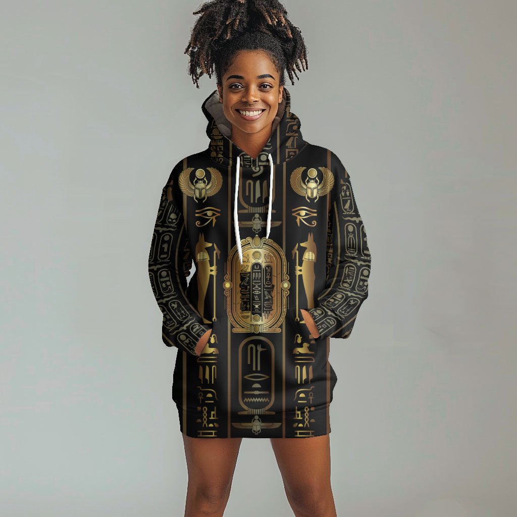 Egypt Cartouche Hoodie Dress Gold Pharaoh Hieroglyphics Patterns