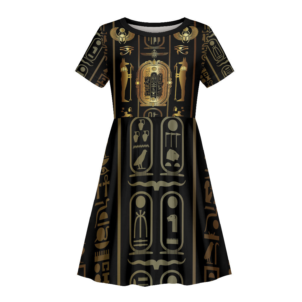 Egypt Cartouche Kid Short Sleeve Dress Gold Pharaoh Hieroglyphics Patterns