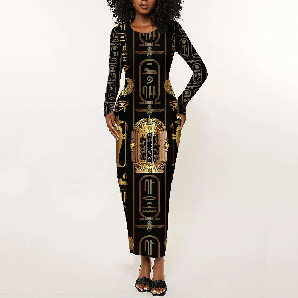 Egypt Cartouche Long Sleeve Bodycon Dress Gold Pharaoh Hieroglyphics Patterns